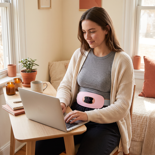 Warmwisp cordless heating belt for period cramps in soft pink with a gray adjustable strap